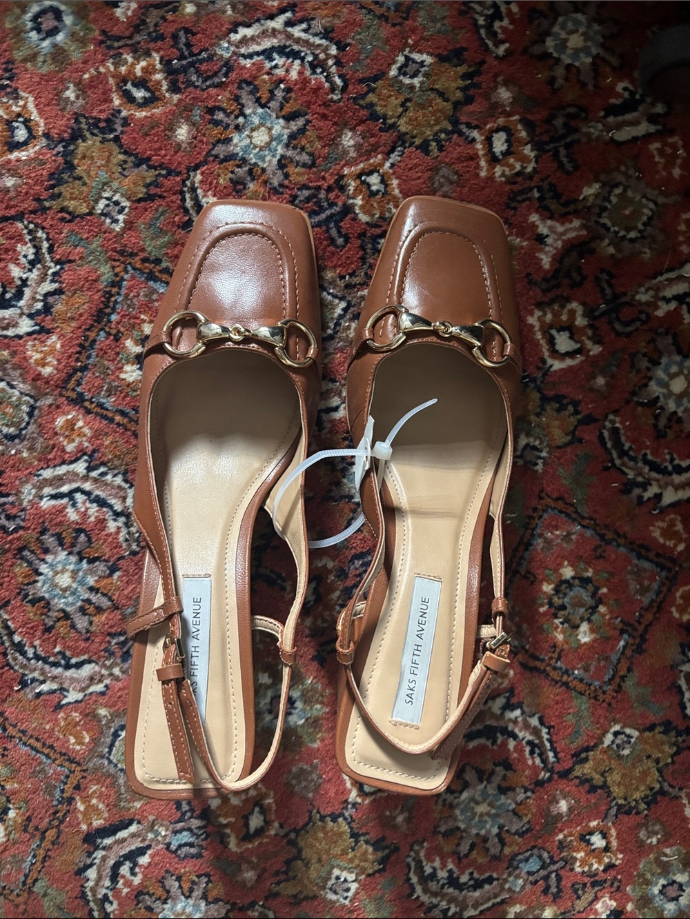 Saks Fifth Avenue Tan Leather Slingback heel Loafers with Gold Bit